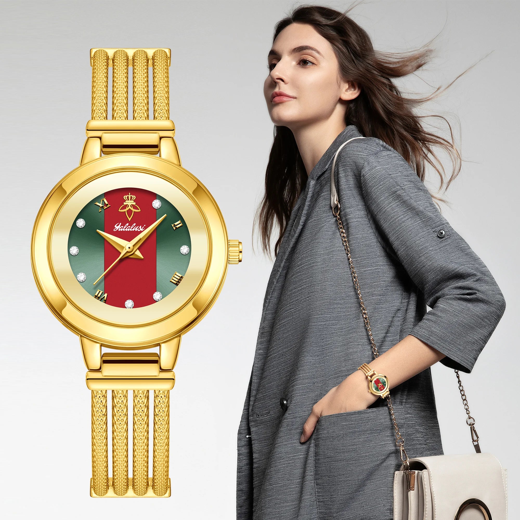 YaLaLuSi Brand Fashion Hot Ladies Quartz Watch Rhinestone Analog Scale Luxury Gold Watch Skeleton Wristband Gift Boxed