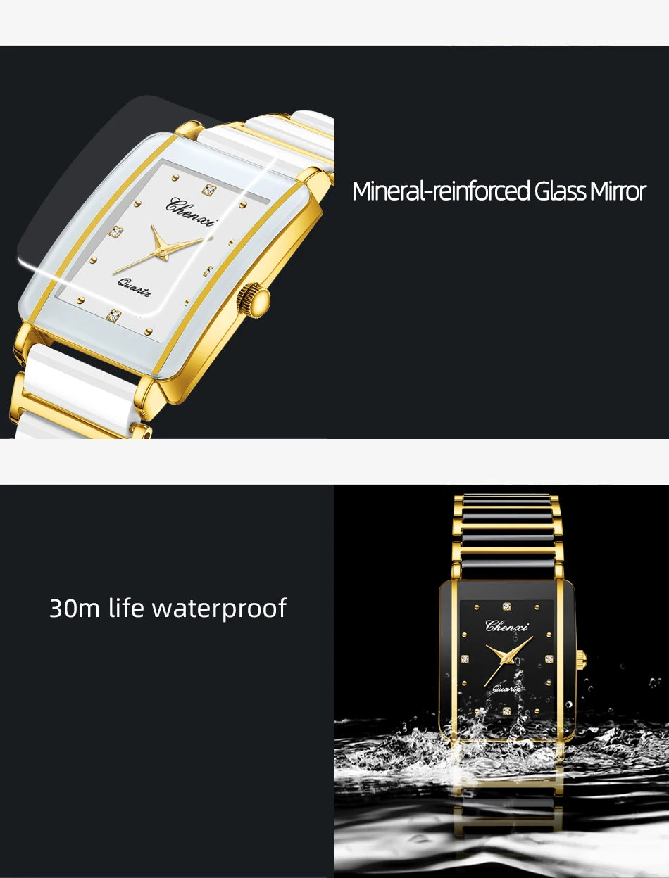 CHENXI Luxury Couple Watch High Quality Fashion Crystal Rectangular Dial Quartz Watch Men Women Valentine'S Day Wedding Gift