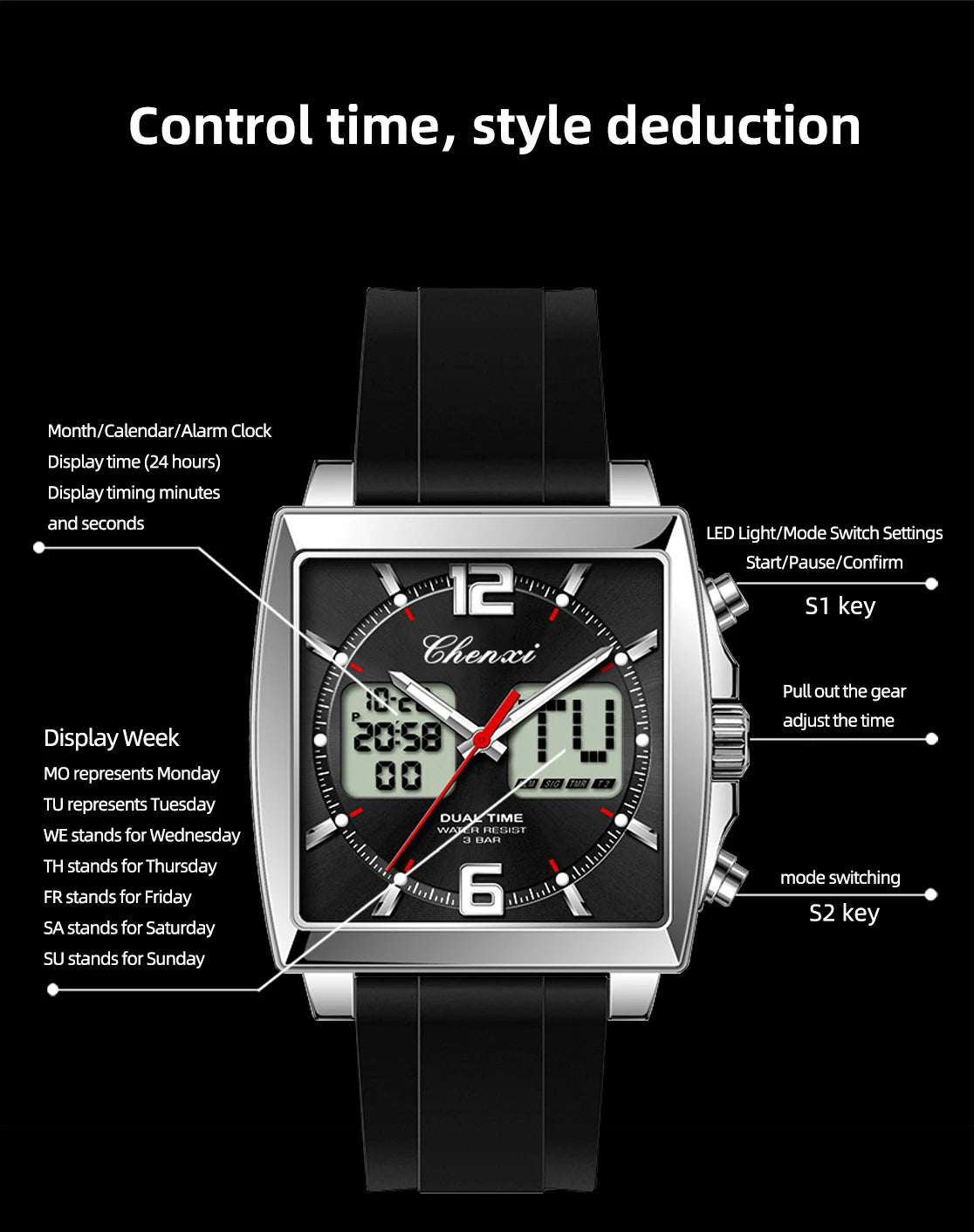 Fashion Casual Men Sports Watch Square Dial Dual Time CHENXI Watches Silicone Strap Waterproof Multifunction Wristwatch Male