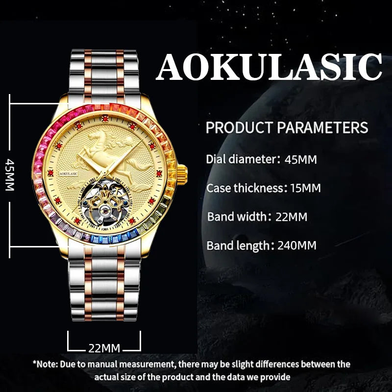 Stainless Steel New Color Diamond Golden Horse Series Skeleton Luminous Waterproof Self-Wind Automatic Watch for Men