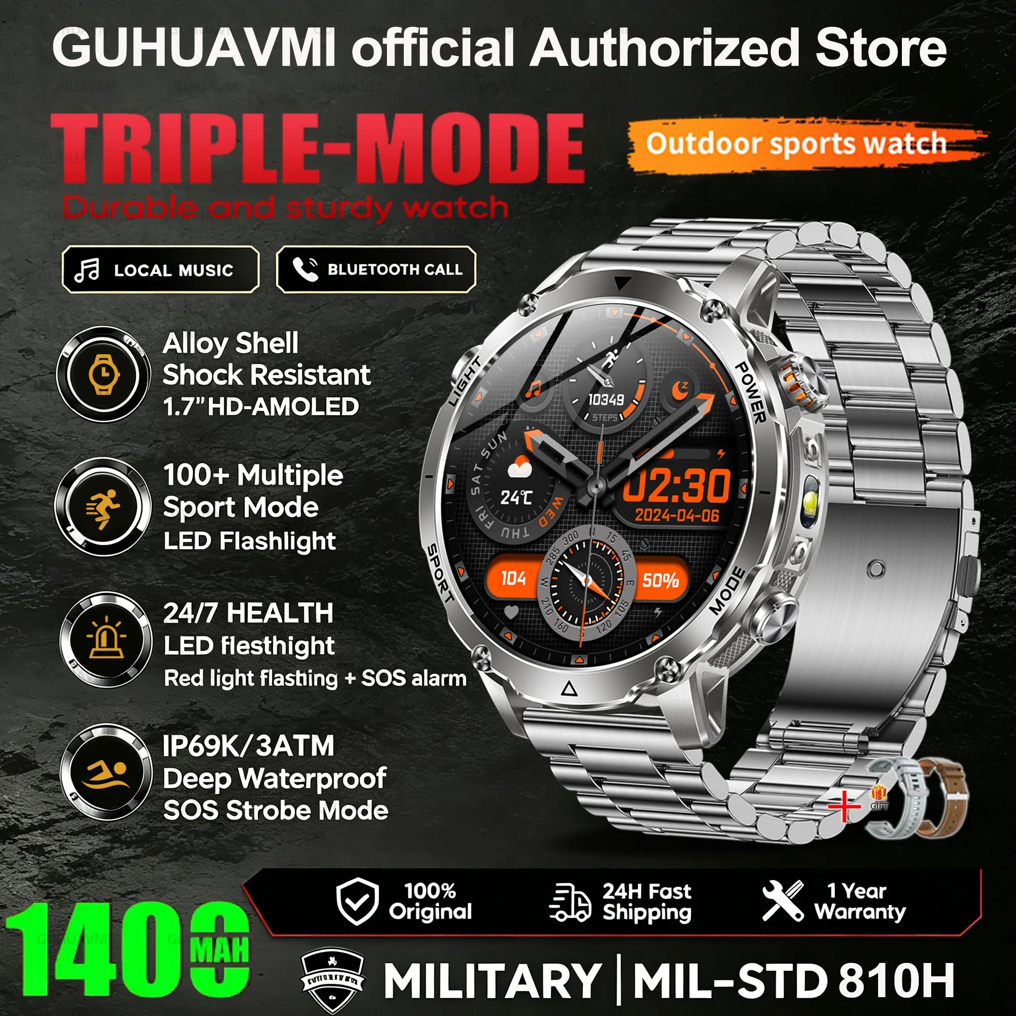 2026 New Smart Watch Bluetooth Call 1400mAh Large Battery Sport Heart Rate 1.7" Military Outdoor Men Smartwatch For Android IOS