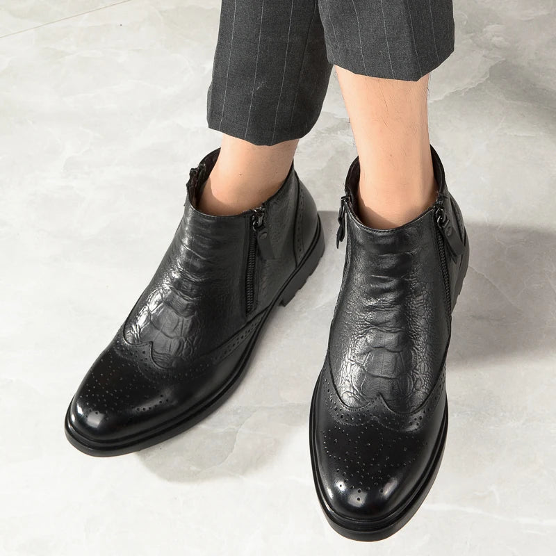 Genuine Leather Men Side Zipper Ankle Boots 2023 Men Winter Plush Snow Boots Fashion Men Casual Low Top Shoes All-match Men Shoe