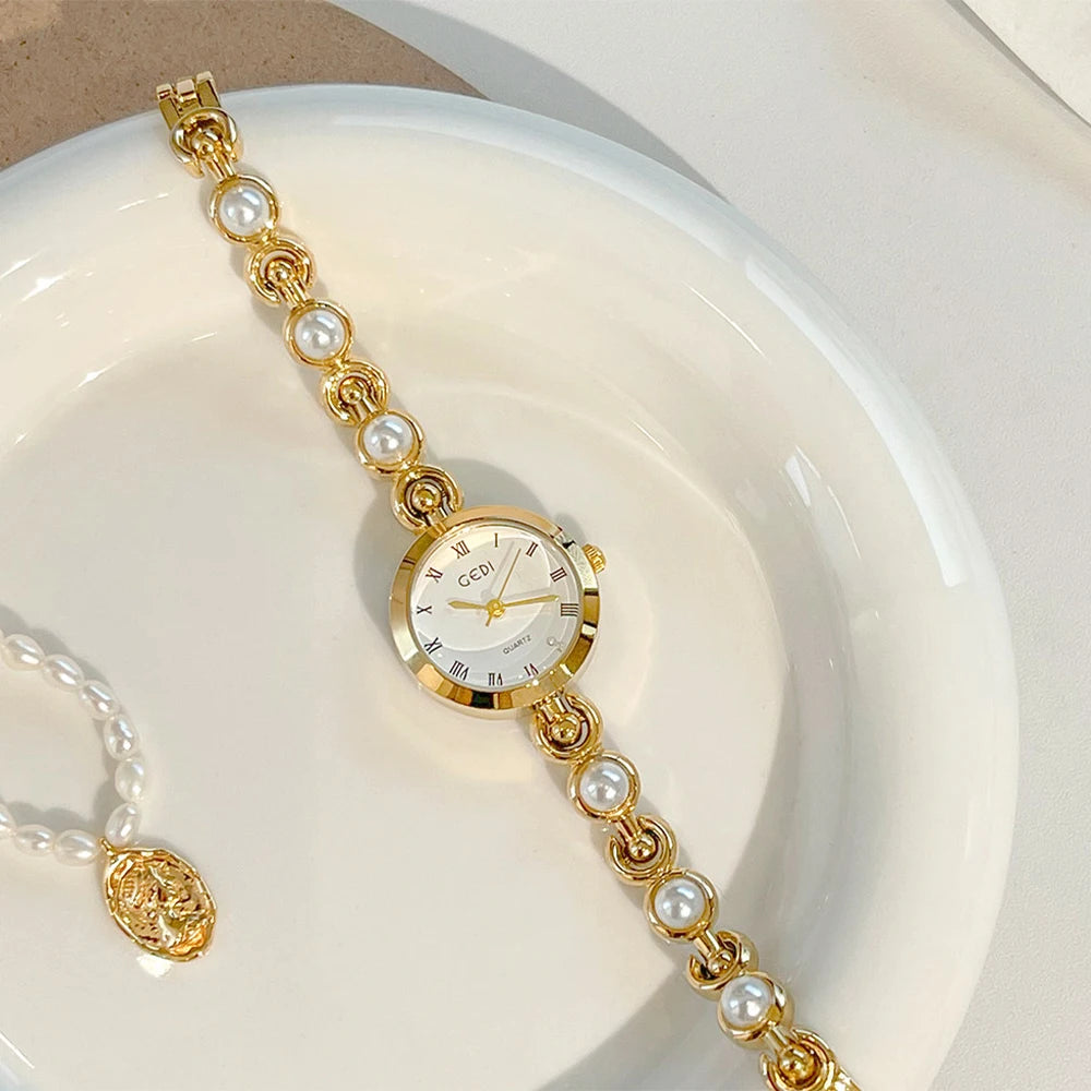 GEDI New Fashion Watch for Women Pearl Chain Temperament Wristwatches Vintage Luxury Elegant Waterproof Quartz Watches Ladies