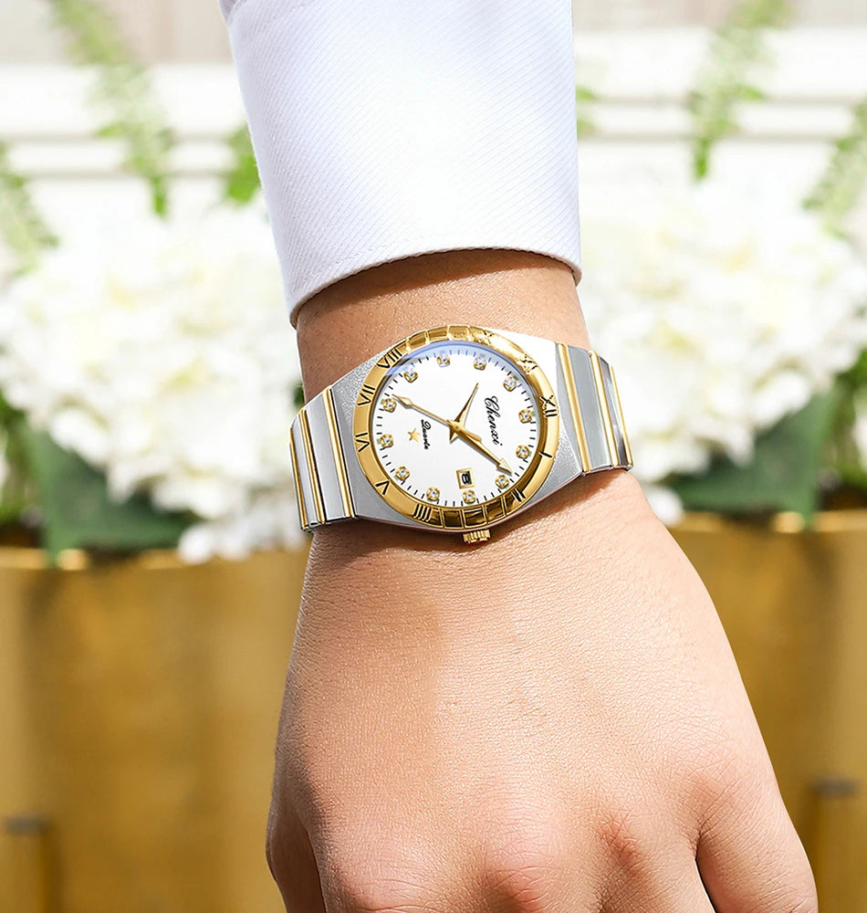 CHENXI Watches For Men Sweep Second Movement See-through Quartz, Waterproof Mens Watch Stainless Steel Golden Wristwatches