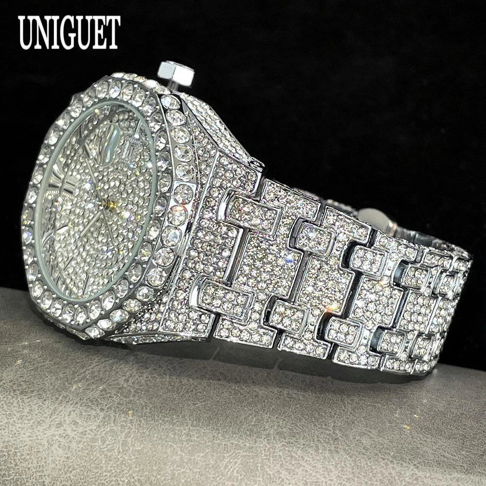 UNIGUET Fashion Iced Out Watch Mens Luxury Waterproof Quartz Watch For Man Hip Hop High Quality Big Diamond Wristwatch Hot Sale