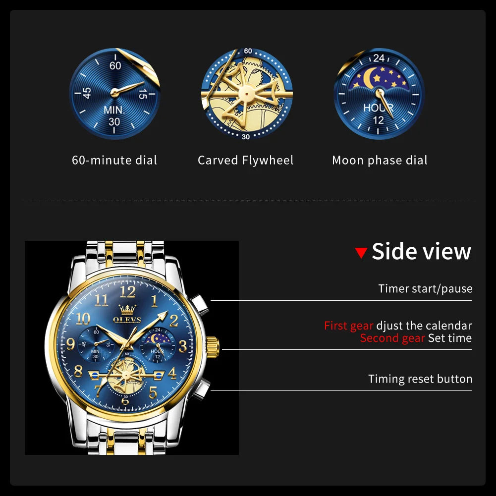 OLEVS 2900 Mens Watch Original Stainless Steel Watches For Men Calendar Moon Phase Quartz Watch Chronograph Freebie Reloj