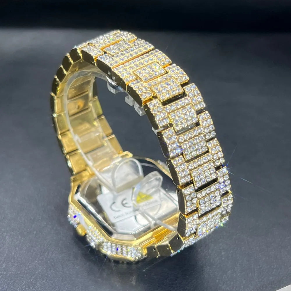 MISSFOX Luxury Diamond Watch for Men Hip Hop Style BlingBling Iced Out Wristwatch Fashion Gold Square Waterproof Clock 2025