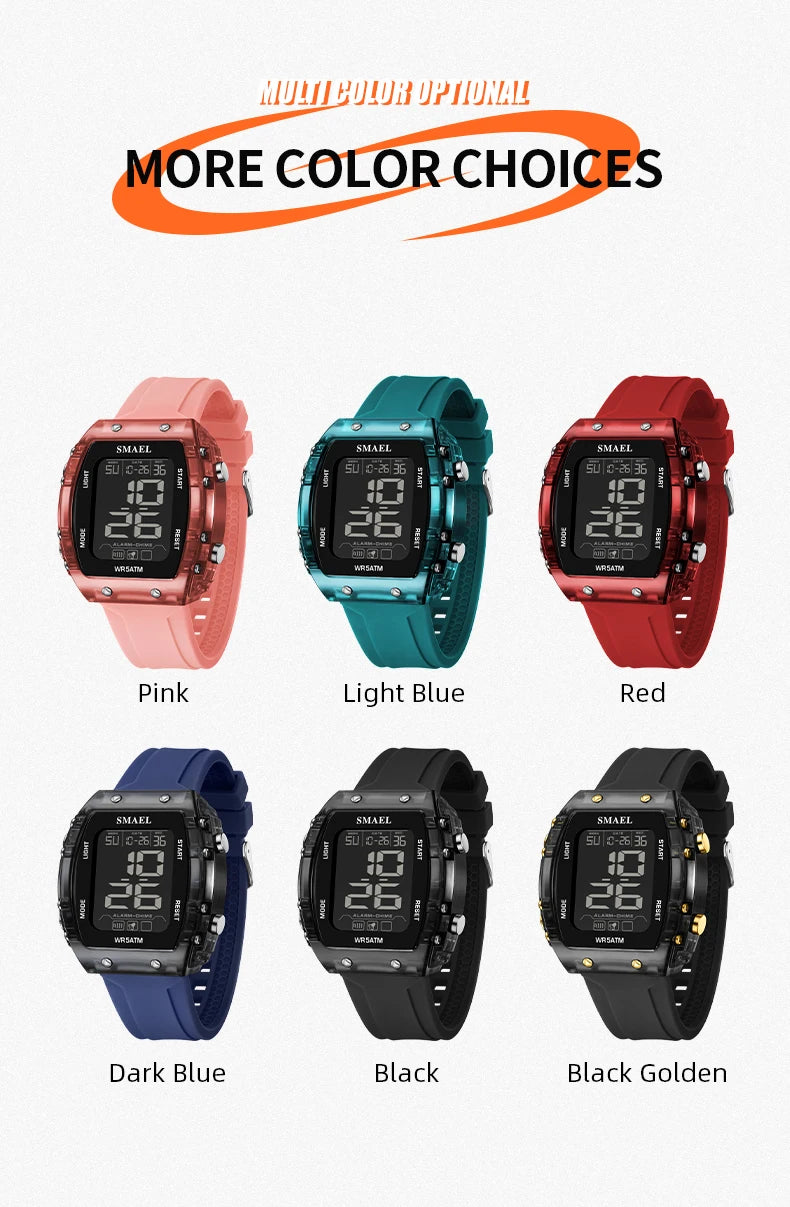 SMAEL Watches for Women LCD Digital Movement Silicone Strap Clock Fashion Trend Waterproof Sport Electronic Wristwatches Female