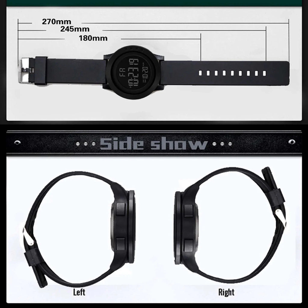 Mens Women Digital Watch Big Dial Light LED Swim Waterproof Rubber Band Alarm Black LED Watches
