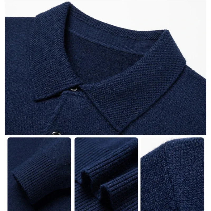Autumn and Winter New Warm Soft Pullover Men's Business Lapel Knitwear Casual Solid Color Long Sleeve Polo Shirt Office
