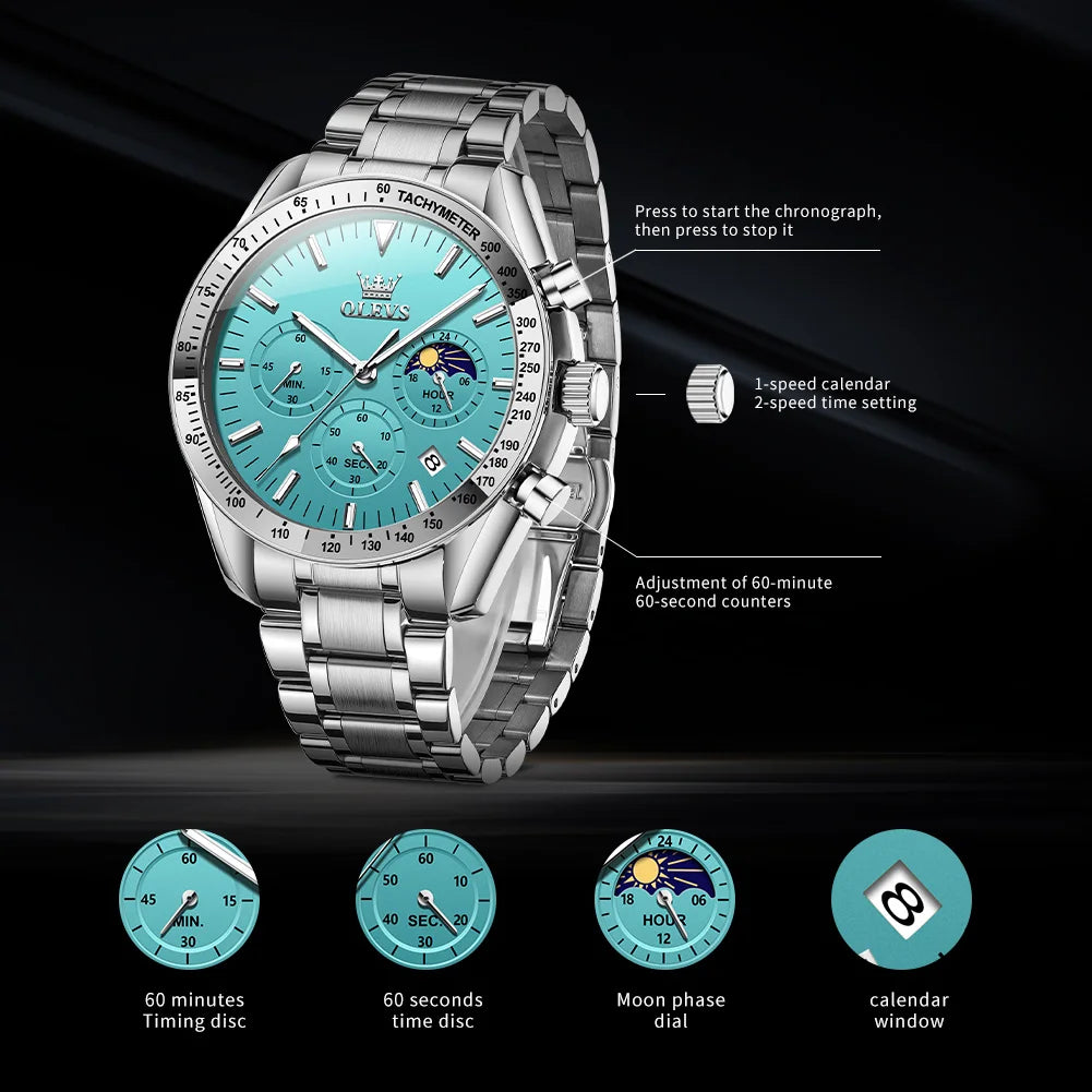 OLEVS 3618 Mens Watch Original Brand Waterproof Luminous Quartz Wristwatch Watch For Man  Multifunctional Chronograph With Box