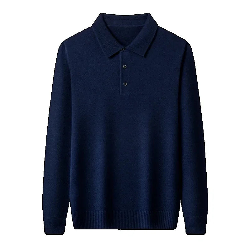 Autumn and Winter New Warm Soft Pullover Men's Business Lapel Knitwear Casual Solid Color Long Sleeve Polo Shirt Office