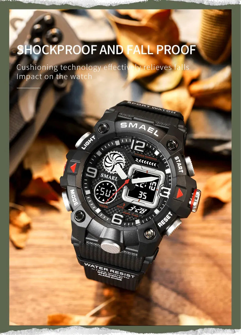 SMAEL Quartz Watch Sport 50M Waterproof Stopwatch Week Display LED Digital Alarm Clock Male 8055 Men Watches Sports Wristwatches