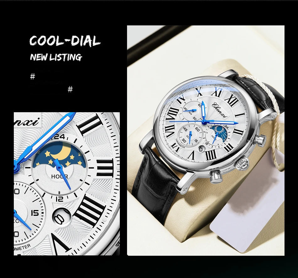 CHENXI Multifunction Men's Watches Business Roman Numerals Leather Strap Quartz Man Watch Chronograph Moon Phase Calendar
