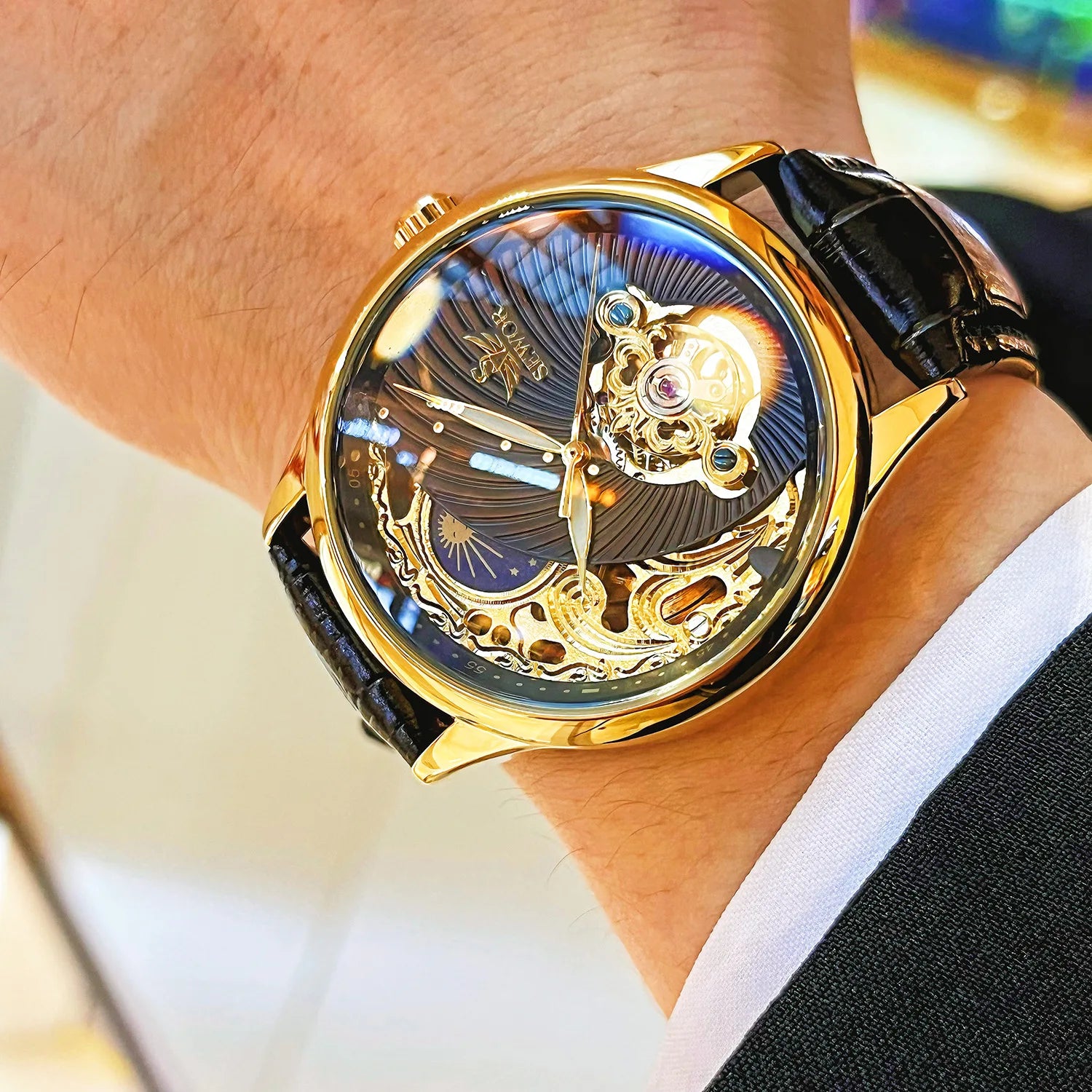 Stainless Steel New Vintage Skeleton Moonphase Luminous Waterproof Tourbillon Self-Wind Automatic Watch for Men