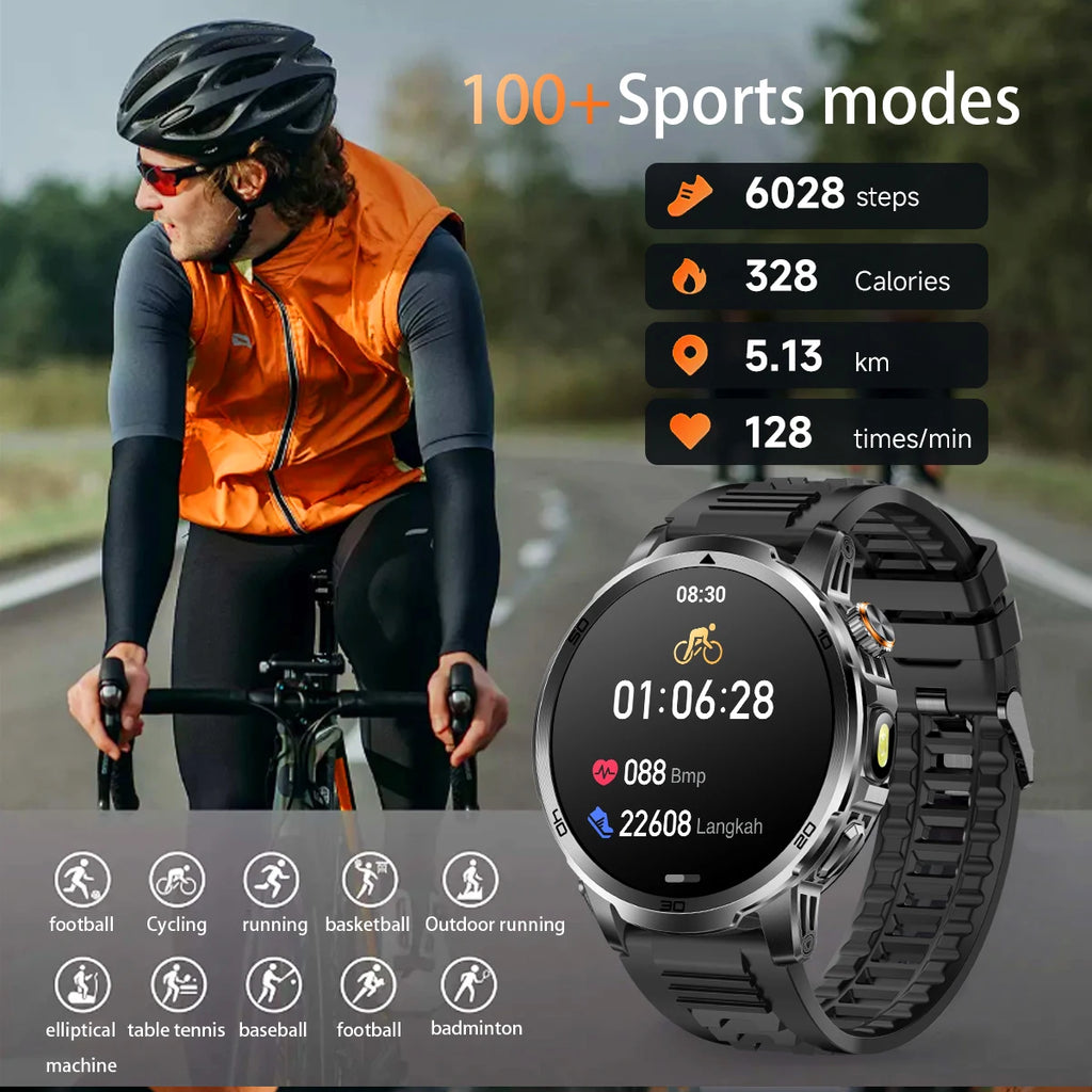 2026 New Outdoor Military Smart Watch For Men 1.85" AMOLED 1000mAh Battery IP69K Swim Flashlight Heart Rate Wireless Call Watchs