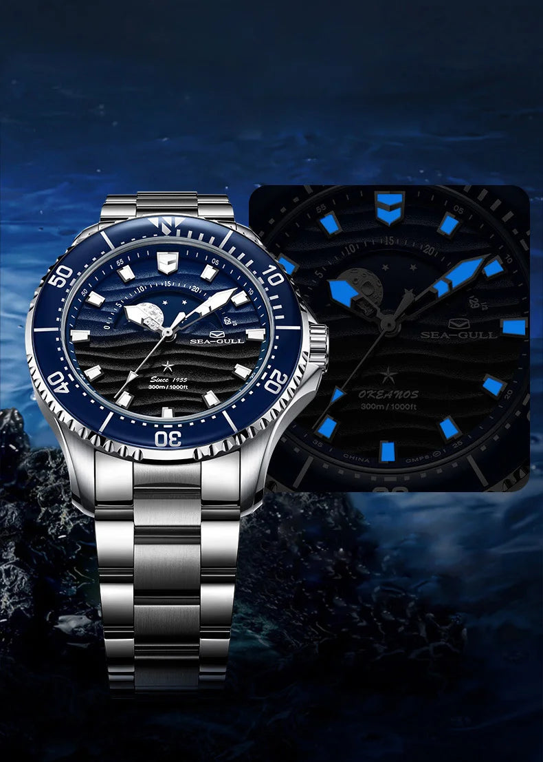 Seagull 43.5mm Diving Watch 300M Waterproof Automatic Mechanical Wristwatch Moon Phase Luminescent Men Watches 1215 New 2025