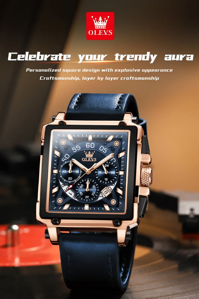 OLEVS 9919 Chronograph Multifunctional Quartz Men's Watch Leather strap 45MM Square Big Dial Leisure Sports TOP Brand Male Watch