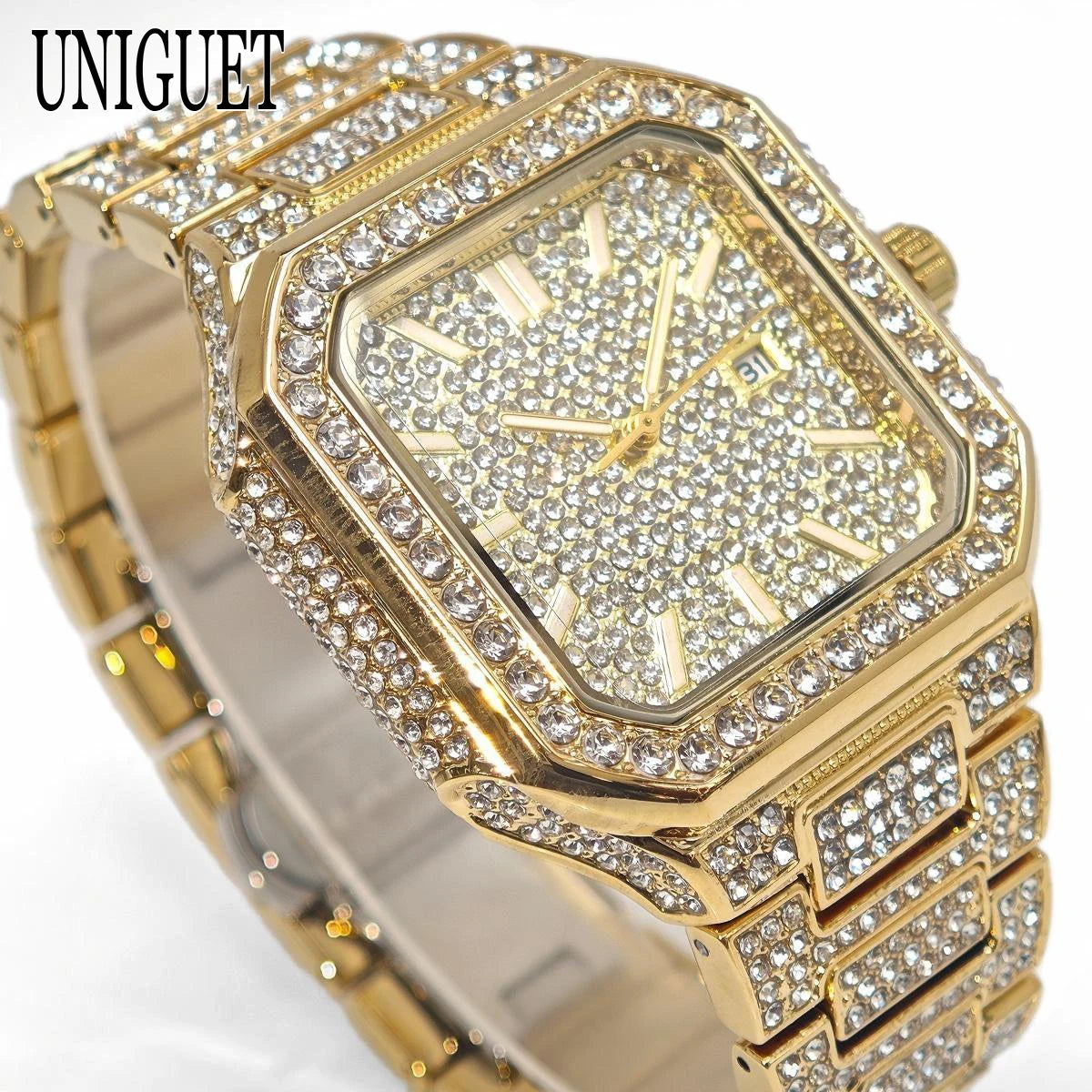 2025 New Black Iced Watch For Men Brand UNIGUET Fashion Waterproof Quartz Watch Man Hip Hop Diamond Jewelry Square Wristwatch