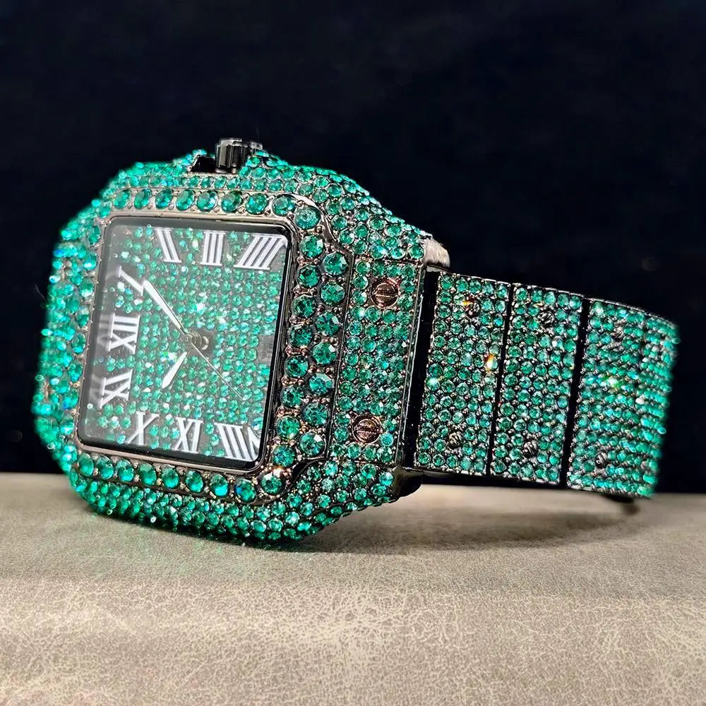 Cool Black Ice Watch For Men Brand UNIGUET Luxury Stainless Steel Quartz Timepiece Man Hip Hop Diamond Square Wristwatch New