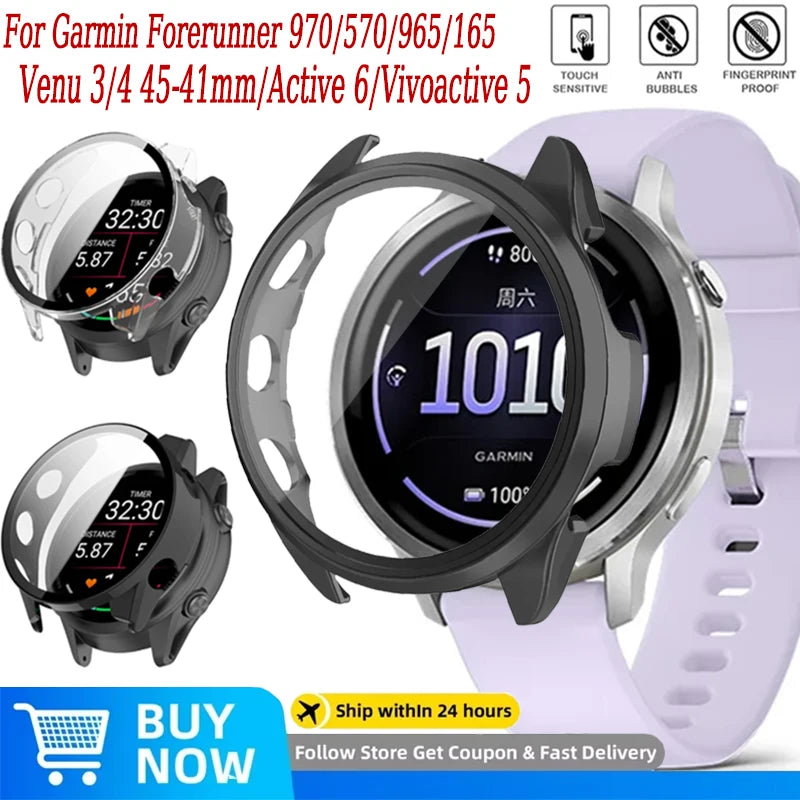 PC Case＋HD Tempered Glass for Garmin Forerunner 970/570/965/165 Anti-fall Screen Protective Shell Garmin Venu 4 45/41mm/Active 6