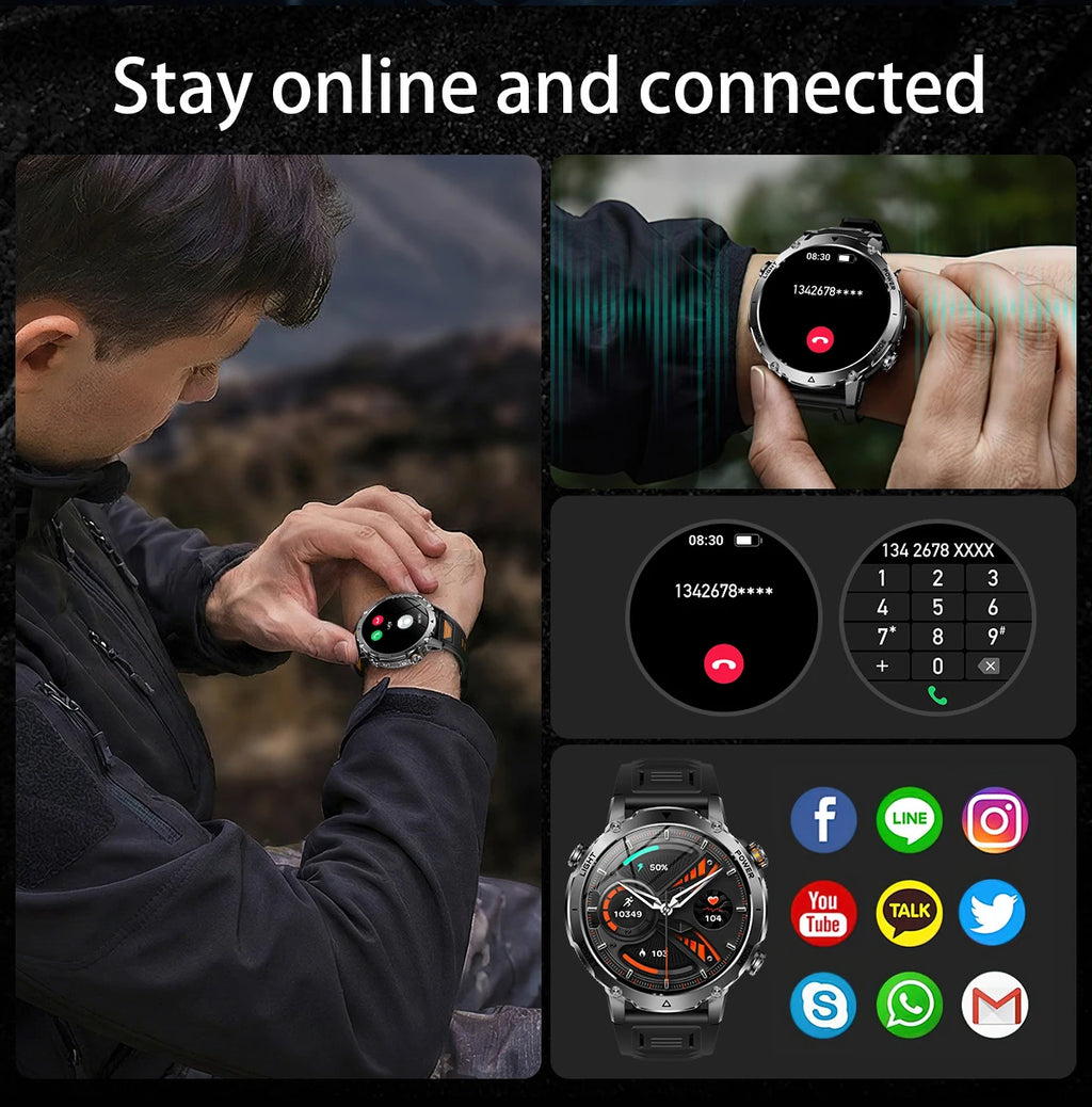 LIGE 2026 Military 1400mAh Battery Smart Watch Men Outdoor Flashlight IP68 Waterproof Heart Rate Bluetooth Call Sports Bracelet