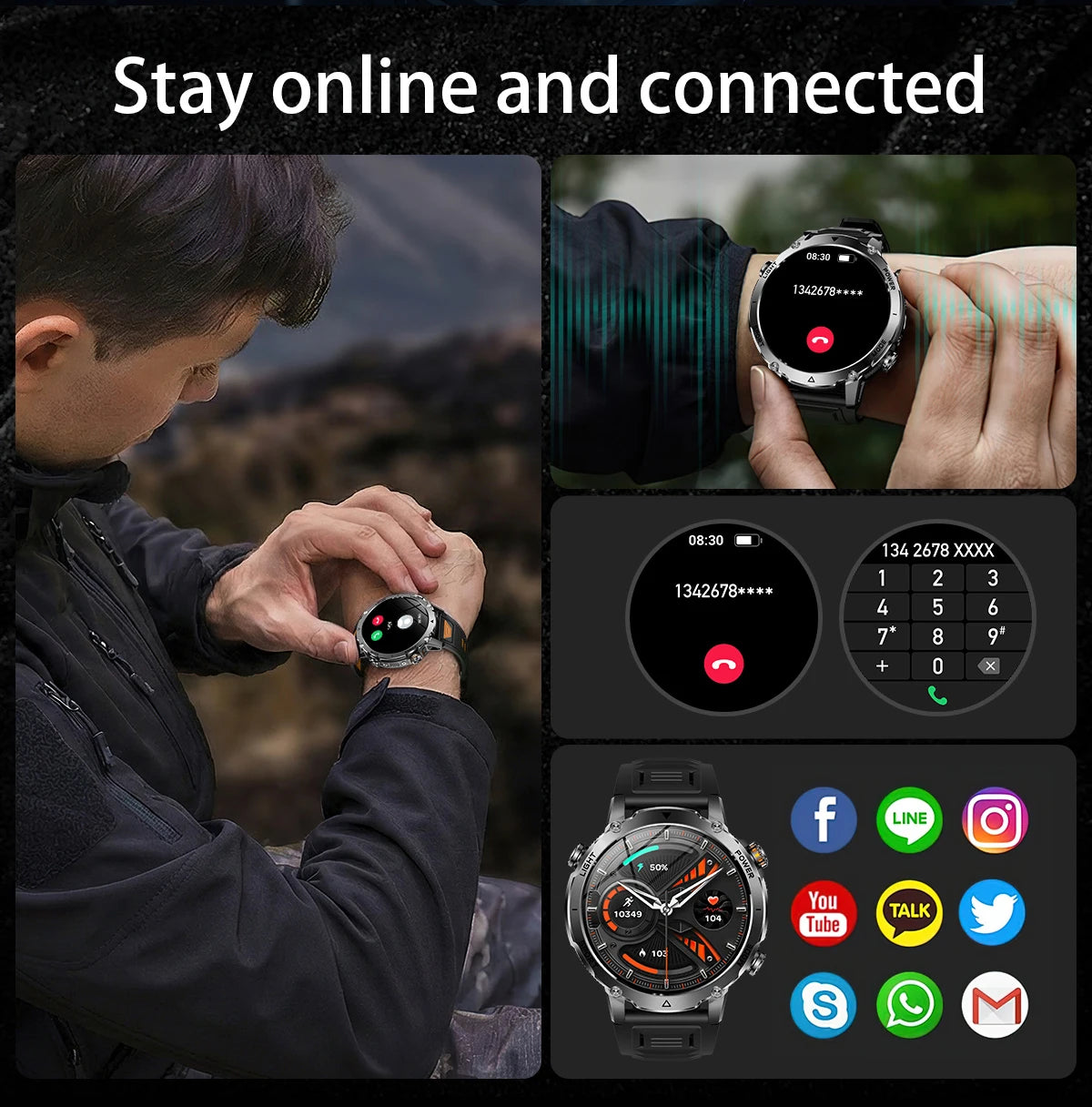 LIGE 2026 Military 1400mAh Battery Smart Watch Men Outdoor Flashlight IP68 Waterproof Heart Rate Bluetooth Call Sports Bracelet
