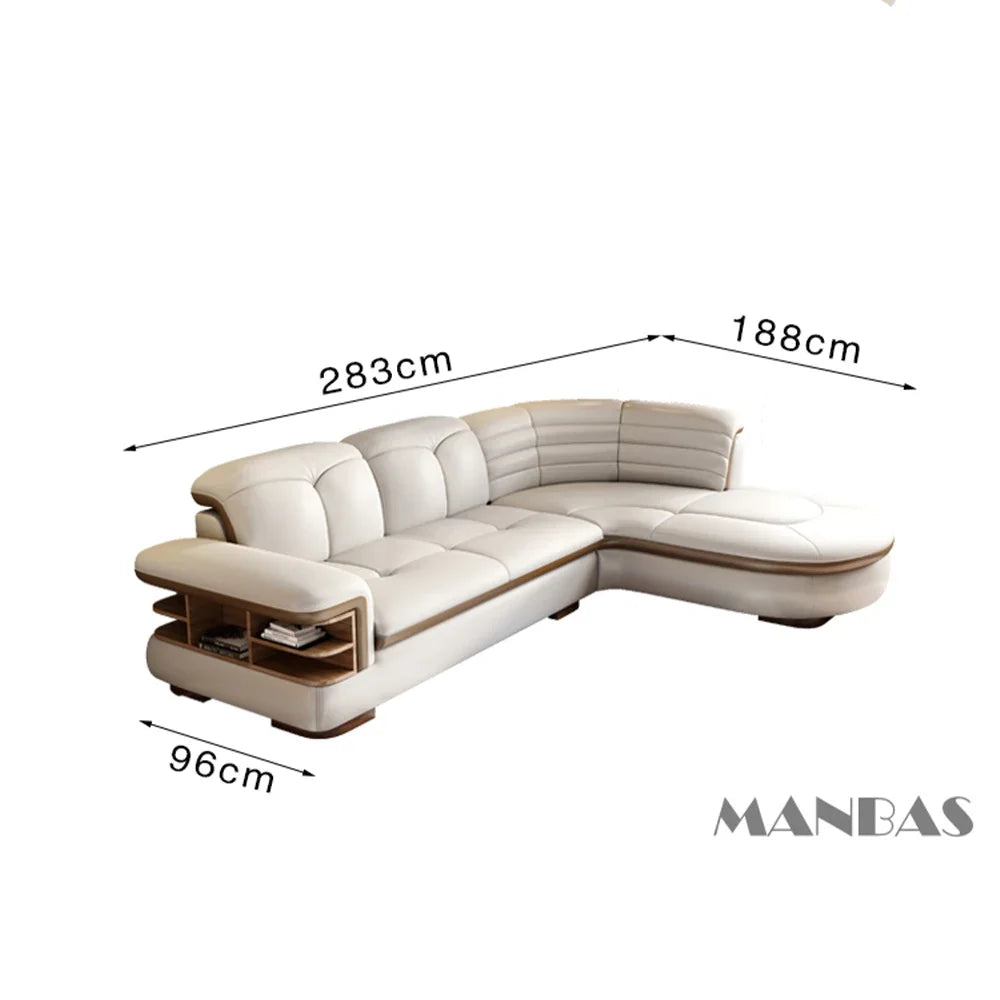 MANBAS Luxury L-Shaped Genuine Leather Sectional Sofa Sets with USB, Bluetooth Speaker - Living Room Italian Leather Couches