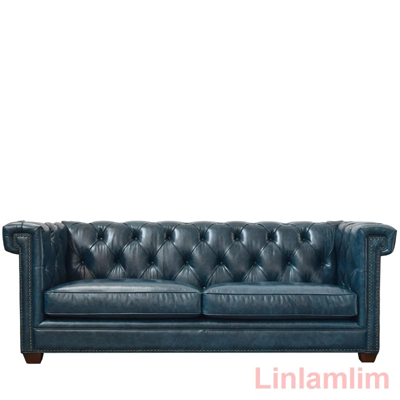 Classic Tufted Couch – Luxury Genuine Leather Chesterfield Sofa 3-Seater with Rolled Arms and Nailhead Trim, for Living Room