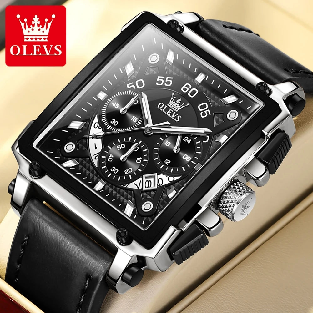 OLEVS Mens Watch Square Quartz Watch Multifunctional Business Watches For Man Waterproof Luminous Box Gift Leather Strap 9919