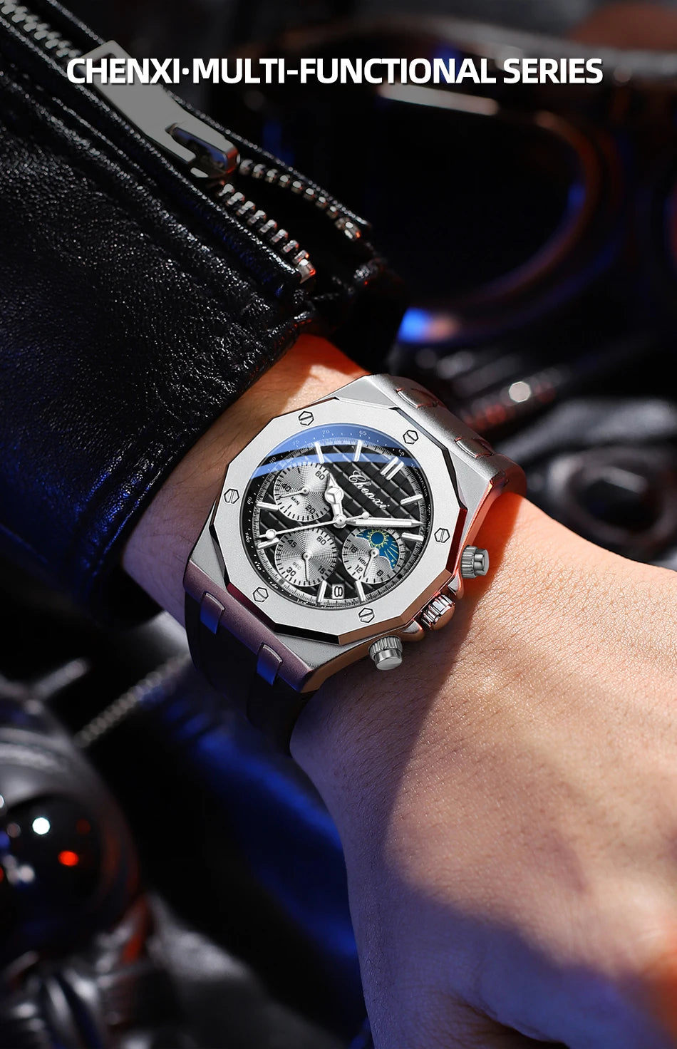 CHENXI Sports Multi-functional Silicone Man Watch Calendar Waterproof Quartz Men Watches Chronograph Moon Phase Men's Wristwatch