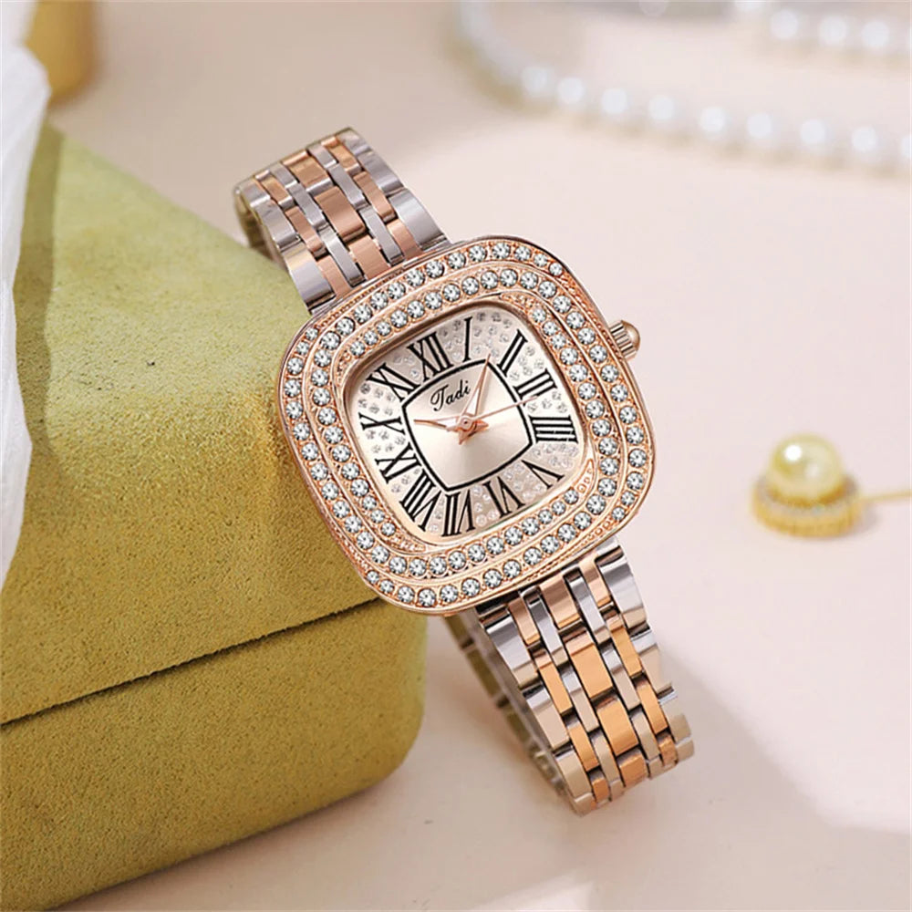 Ladies 2024 Square Roman Star Quartz Watch with Diamonds Stainless Steel Business Woman Clock Gift Wristwatch
