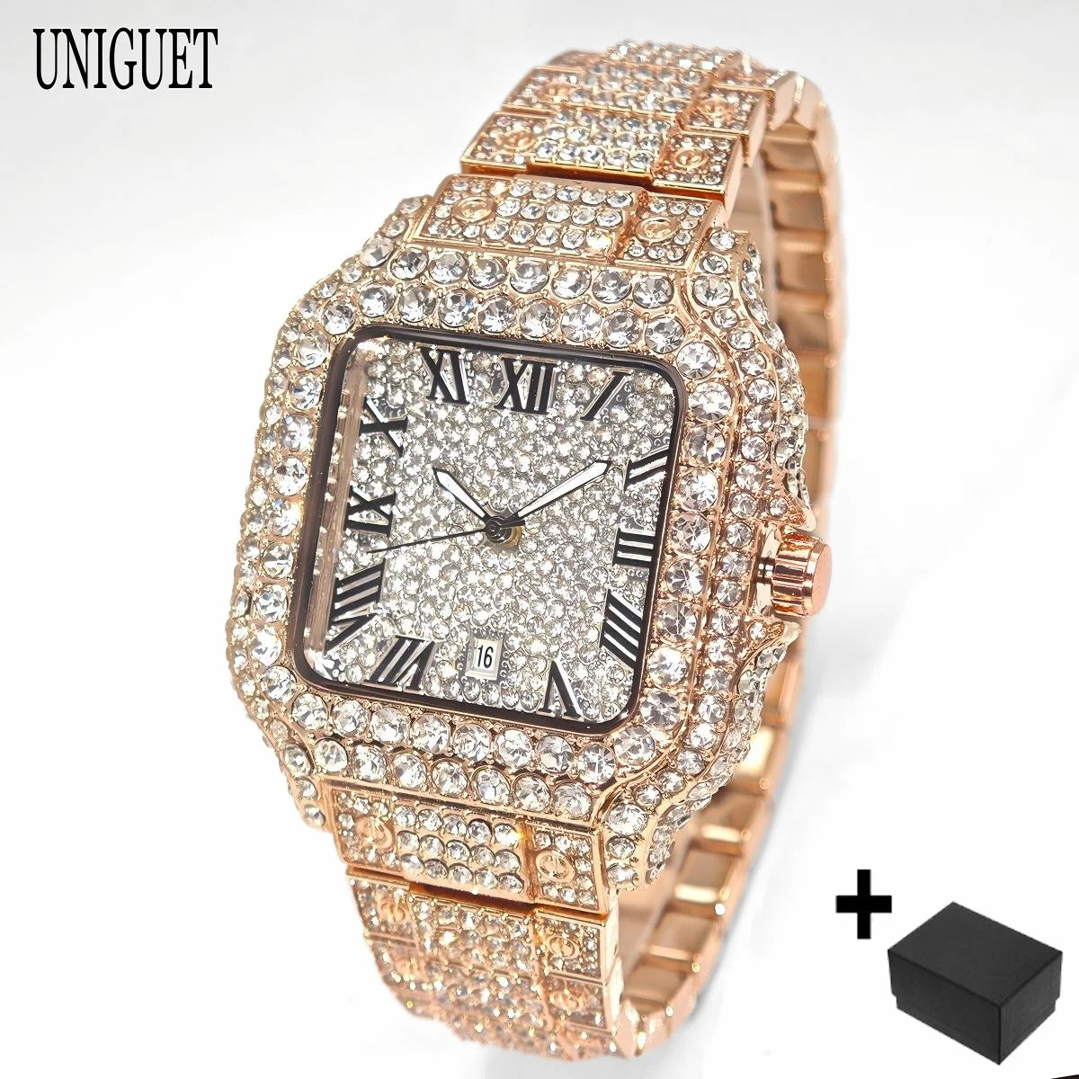 UNIGUET Hot Sale Luxury Iced Watch for Man Fashion Square Watches Men Hip Hop Diamond Bling Jewelry Wristwatch Reloj Hombre