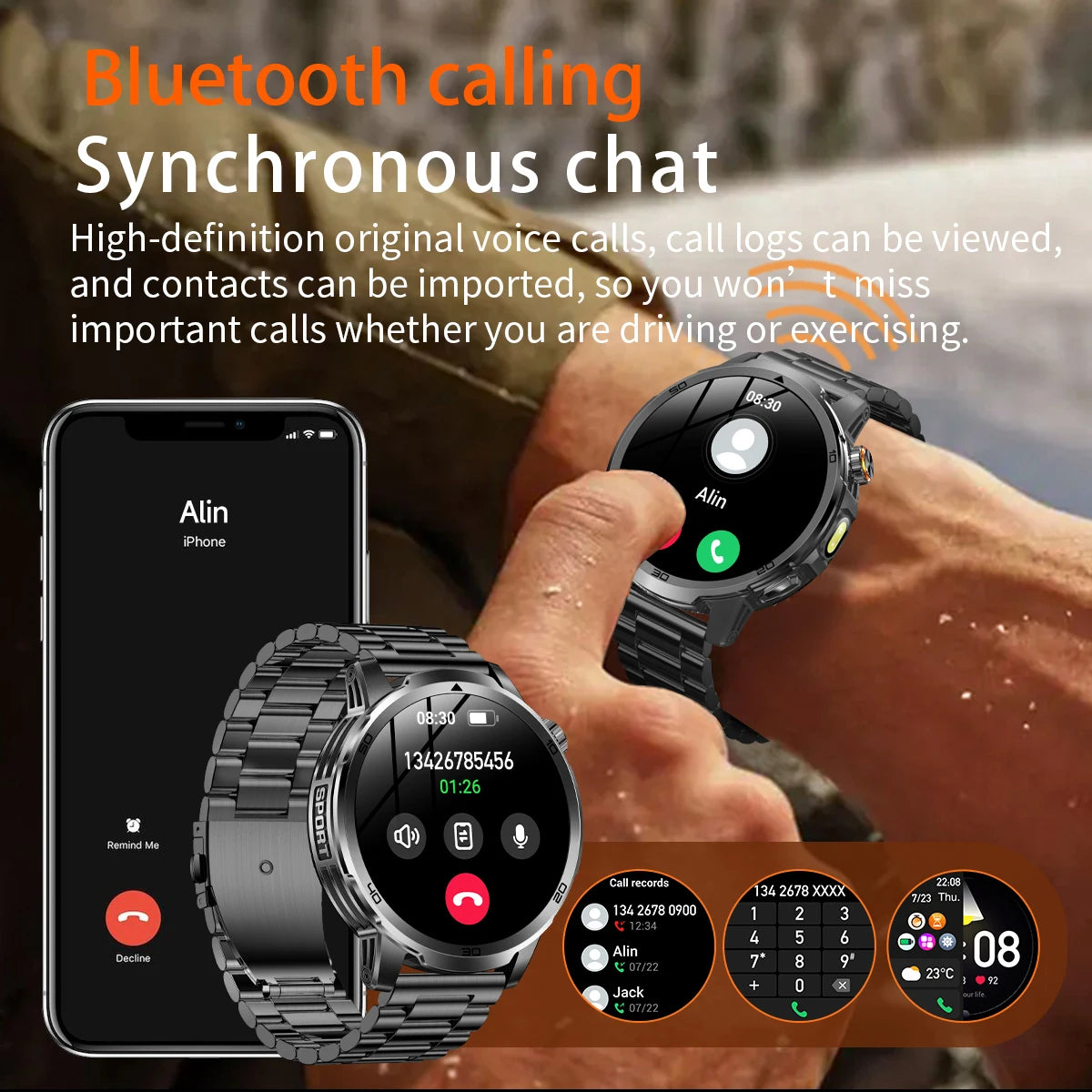 2026 New Outdoor Military Smart Watch For Men 1.85" AMOLED 1000mAh Battery IP69K Swim Flashlight Heart Rate Wireless Call Watchs