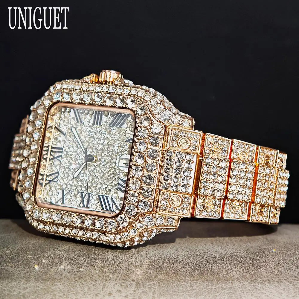 UNIGUET Hot Sale Luxury Iced Watch for Man Fashion Square Watches Men Hip Hop Diamond Bling Jewelry Wristwatch Reloj Hombre