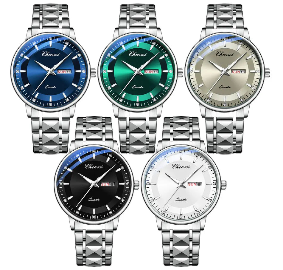 CHENXI Top Brand Fashion Men's Watch Convex Mirror Waterproof Night Light Date Calendar Stainless Steel Strap Quartz Watches NEW
