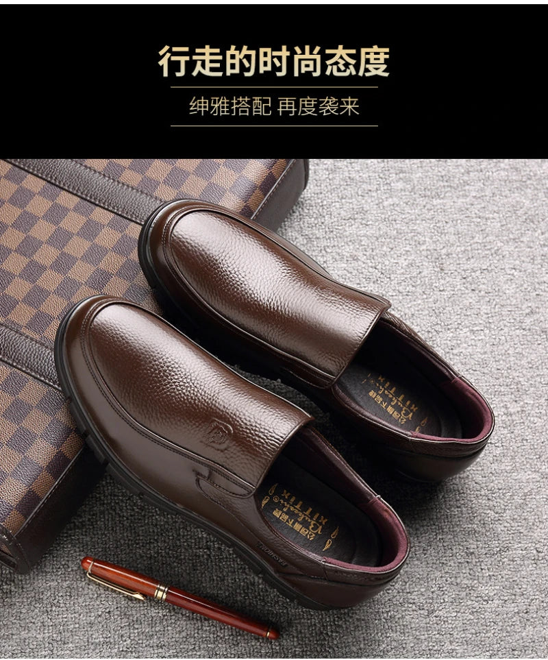 Mens Black Genuine Leather Slip On Loafers Soft Cushioned Sole Comfortable Business Casual Shoes For Middle Aged Dad Daily