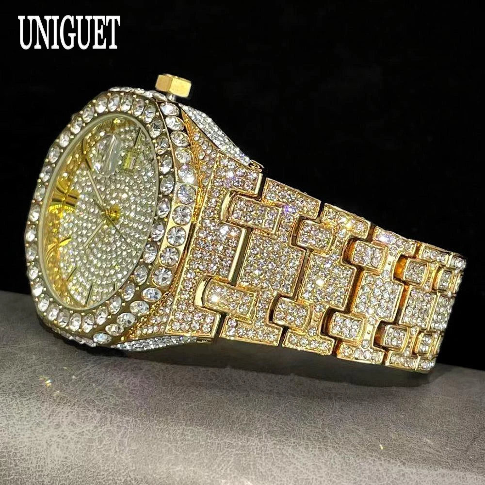 UNIGUET Fashion Iced Out Watch Mens Luxury Waterproof Quartz Watch For Man Hip Hop High Quality Big Diamond Wristwatch Hot Sale