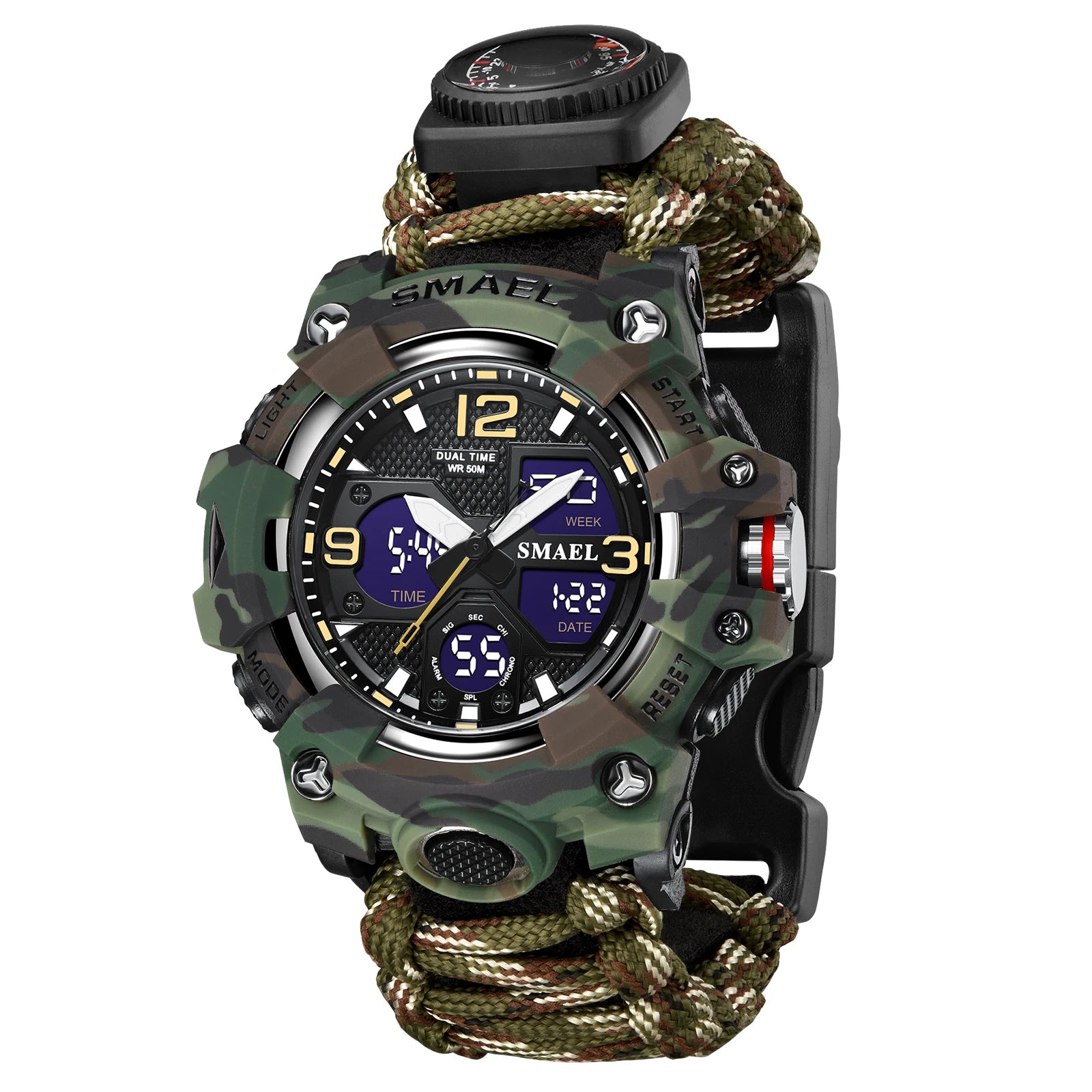 SMAEL 8008N Men's Military Sport Watch - 50M Waterproof LED Dual Time Alarm Stopwatch Compass SOS Shockproof
