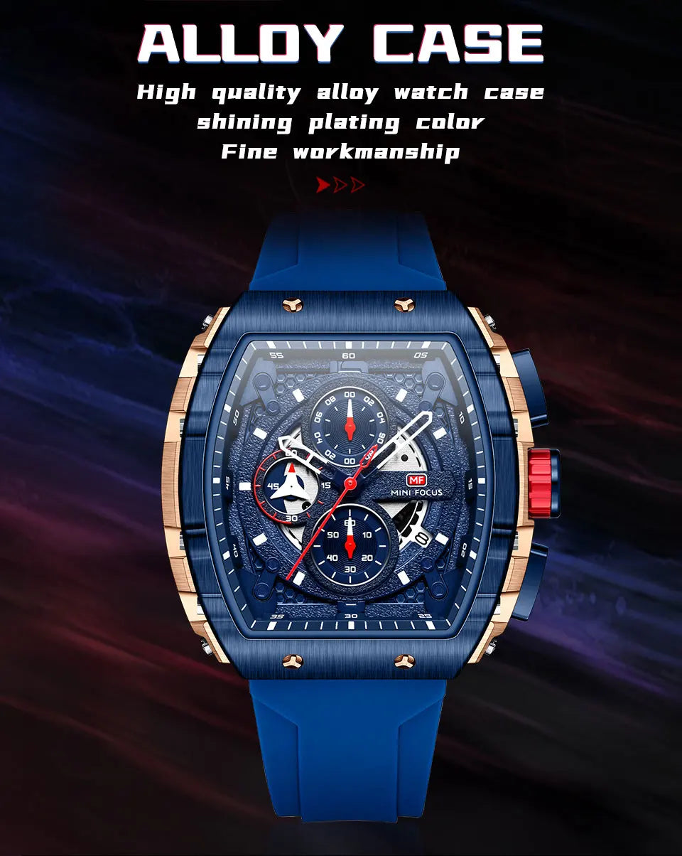 MINI FOCUS Chronograph Quartz Watches for Men Military Sport Silicone Strap Waterproof Wristwatch with Tonneau Dial Auto Date