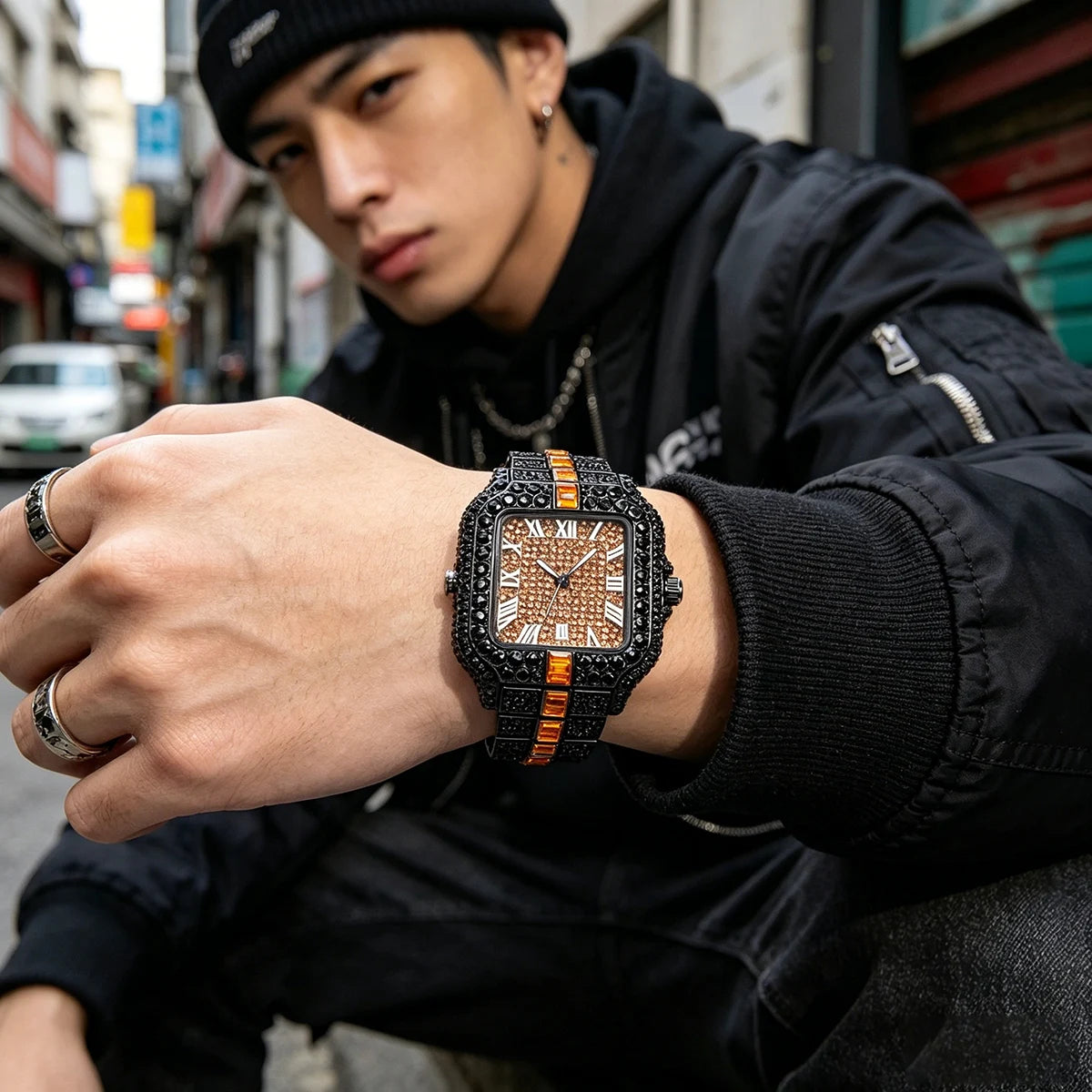 UNIGUET Cool Black Diamond Watch For Men Fashion Hip Hop Green Iced Out Square Quartz Wristwatch With Date Reloj Hombre