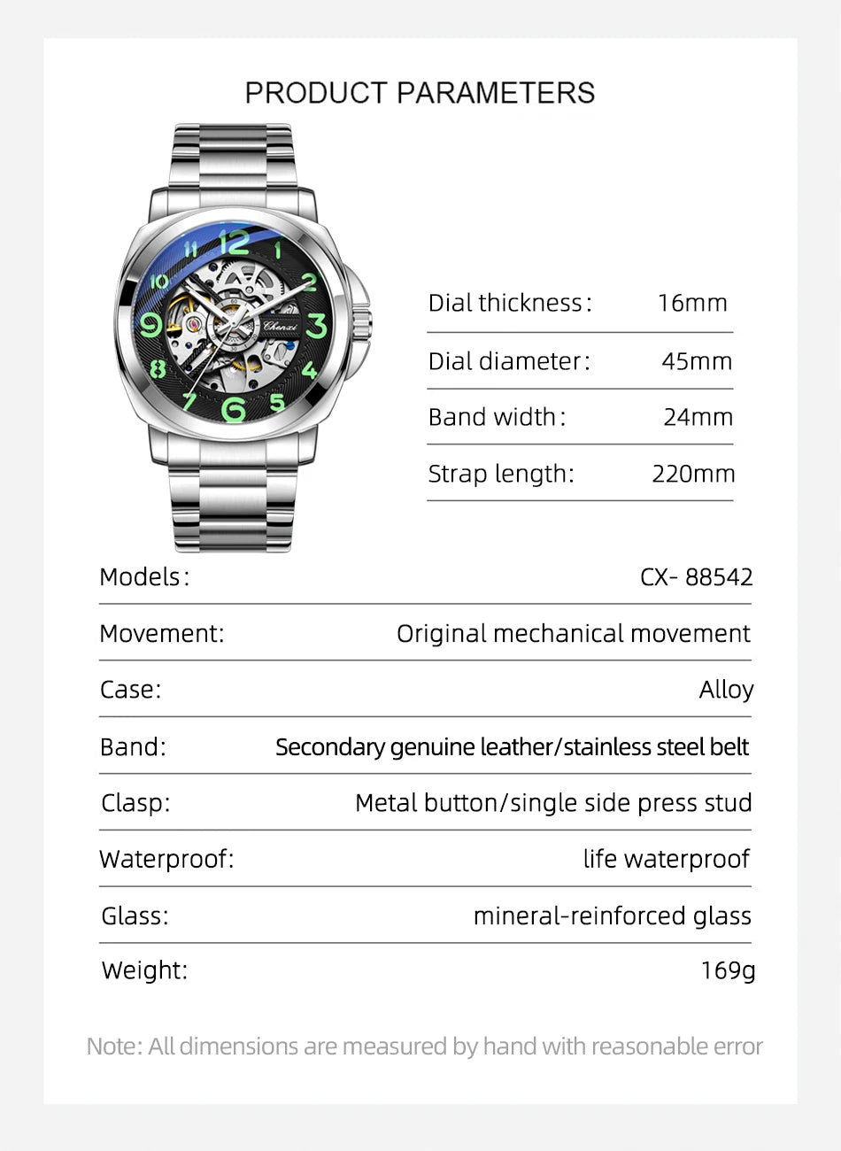 CHENXI New Mechanical Men's Watches Large Openwork Dial Fashion Luminous Waterproof Fully Automatic Mechanical Watch Man