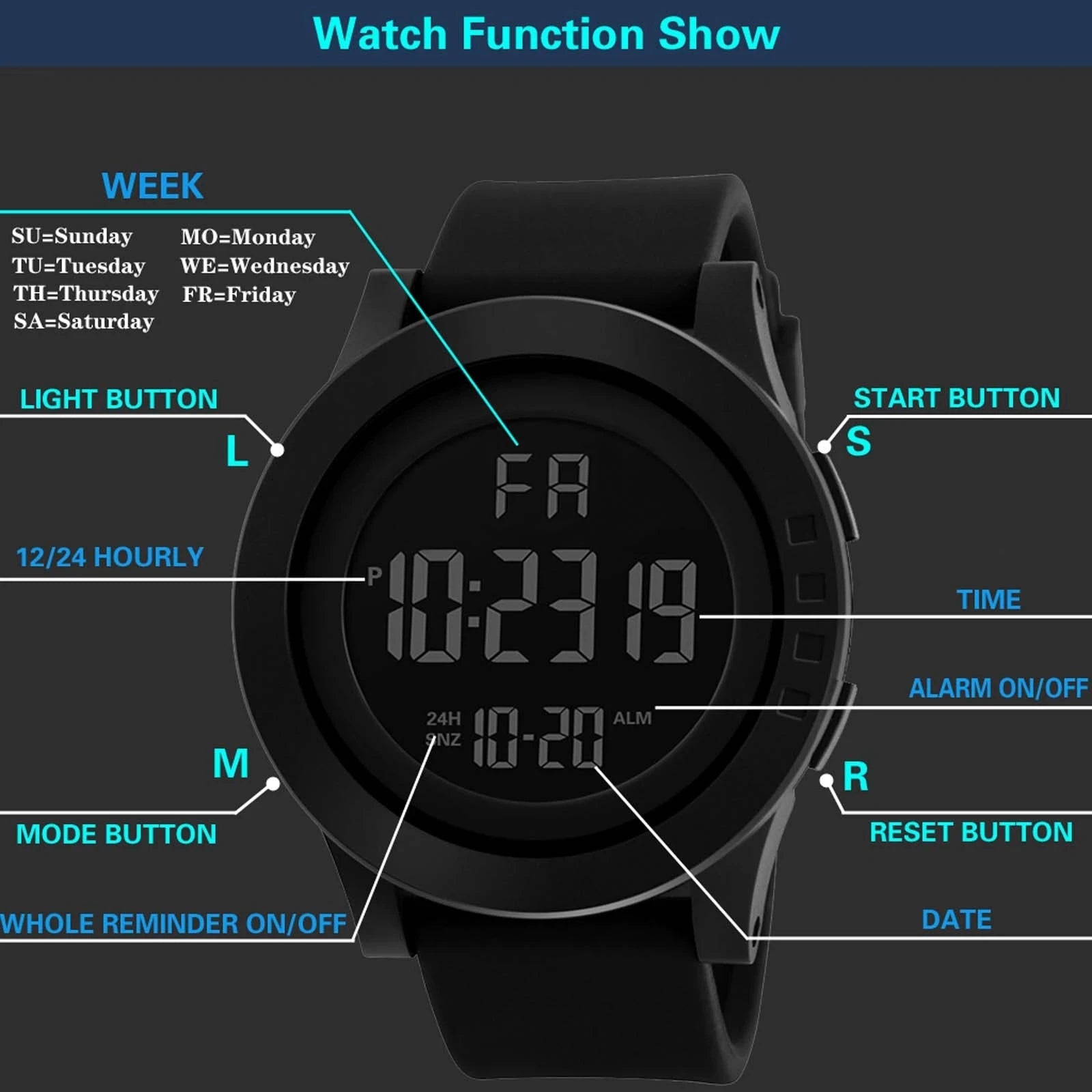 Mens Women Digital Watch Big Dial Light LED Swim Waterproof Rubber Band Alarm Black LED Watches