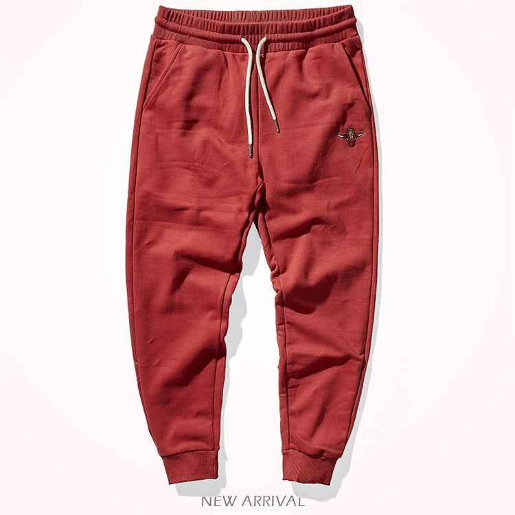 Autumn Winter American Retro Knitted Velvet Embroidery Sweatpants Men's Fashion Pure Cotton Loose Drawstring Sport Casual Pants