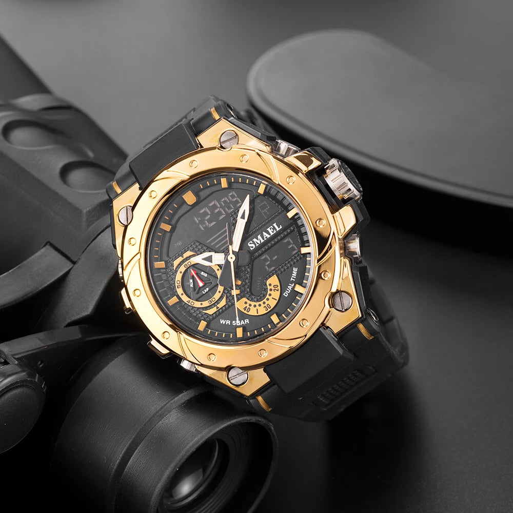 Quartz Watch For Men SMAEL Wristwatches Watcholorful Red Bracelet 50M Waterproof Alarm Clock Analog Digitals 8060 Sport Watches