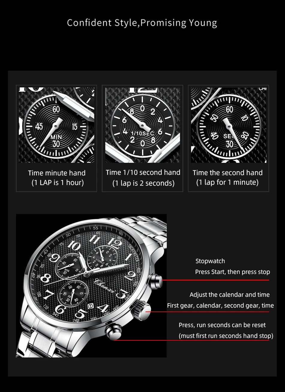 CHENXI Watches For Men Multi-functional Quartz Man Watch Calendar Luminous Chronograph Men's Wristwatches Gifts