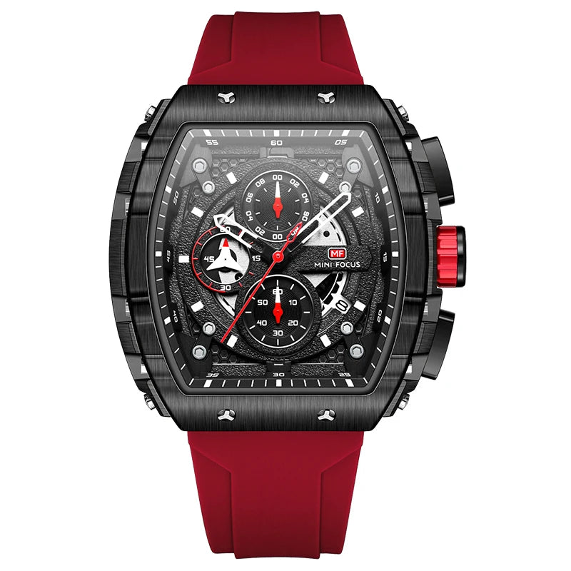 MINI FOCUS Chronograph Quartz Watches for Men Military Sport Silicone Strap Waterproof Wristwatch with Tonneau Dial Auto Date
