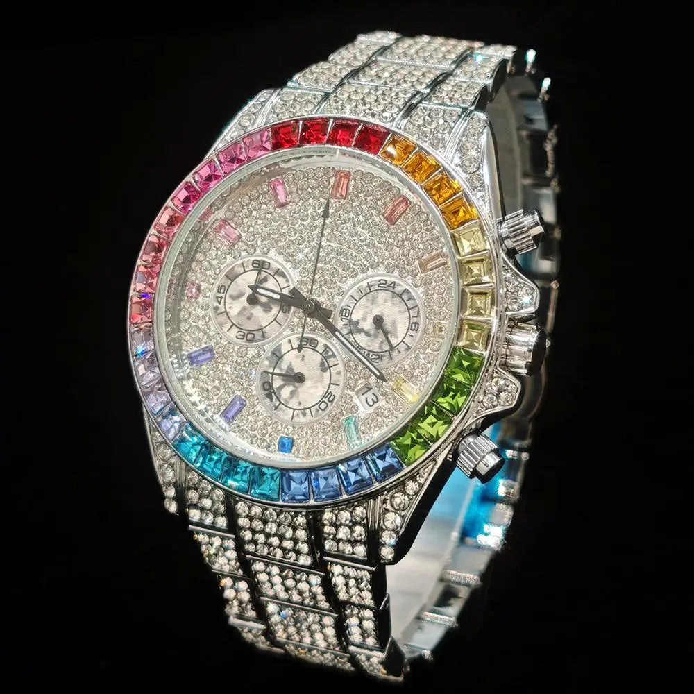 Hot Sell Fashion Gold Watch For Men Brand UNIGUET Hip Hop Rainbow Diamond shiny Jewelry Quartz Wristwatch Male Dropshipping