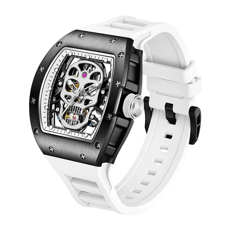 Unique Men Watch Tonneau Casual Wristwatch Soft Silicon Band Fashion Men's Wrist Watches Hollow Out Analog Automatic Watches