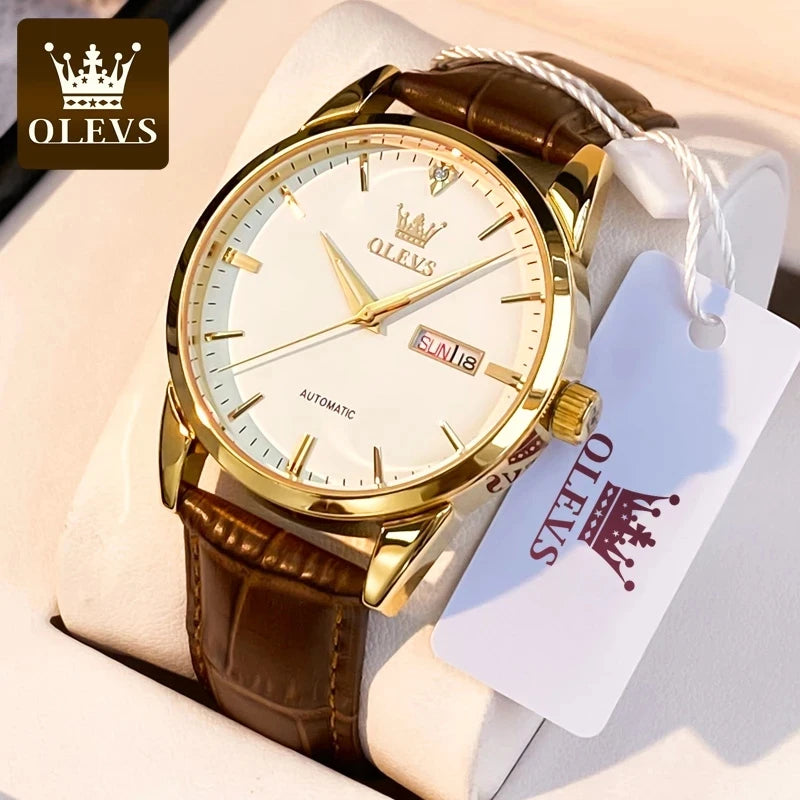 OLEVS  6898 Top Brand Quartz Watch for Men Leather Strap Waterproof Wristwatch Date Week Display Popular Casual Dress Men Watch